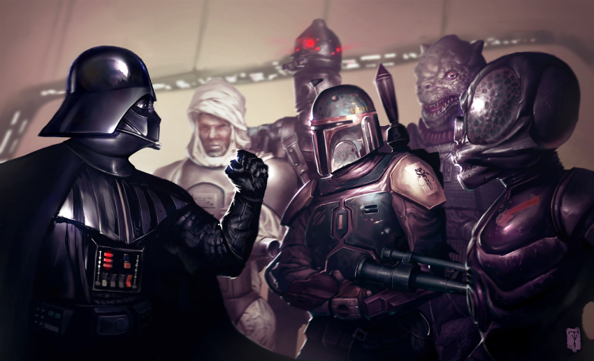 1980s_(style) 3boys 4-lom alien android armor boba_fett bossk clenched_hands cyborg darth_vader dengar epic gloves gun helmet ig-88 jetpack male_focus monster multiple_boys oldschool realistic retro_artstyle rifle robot rocket science_fiction spacecraft spacesuit star_wars star_wars:_the_empire_strikes_back turban tyler_james weapon