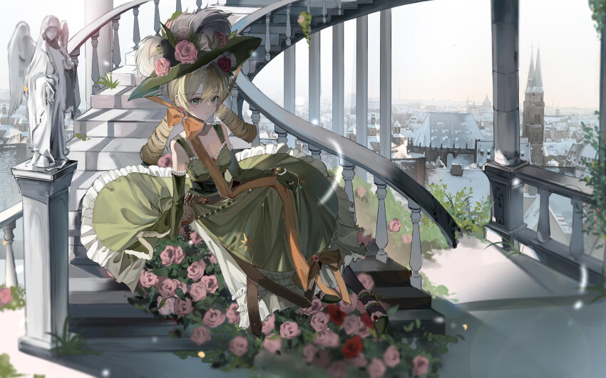 1girl absurdres angel_statue arm_support backlighting bare_shoulders black_pantyhose blonde_hair bow breasts chin_strap city cleavage closed_mouth day dress drill_hair elbow_gloves european_architecture flower frilled_dress frills full_body gloves green_dress green_eyes green_footwear green_gloves green_hat handrail hat hat_feather hat_flower high_heels highres long_dress long_hair looking_at_viewer low_twintails medium_breasts on_stairs orange_bow pantyhose pink_flower red_flower reverse:1999 sitting sitting_on_stairs skirt_hold sky sleeveless sleeveless_dress solo sotheby spiral_staircase stairs twin_drills twintails white_sky whoa_fuwa