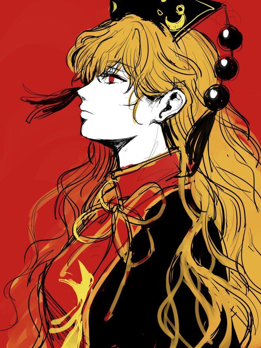 1girl black_dress black_hat blonde_hair chinese_clothes closed_mouth crescent crescent_print dalachi_(headdress) dress hair_between_eyes hat highres junko_(touhou) junko_day kuya_(hey36253625) long_hair looking_to_the_side mandarin_collar neck_ribbon pom_pom_(clothes) red_background red_eyes red_tabard ribbon simple_background solo tabard tassel touhou upper_body wavy_hair yellow_ribbon