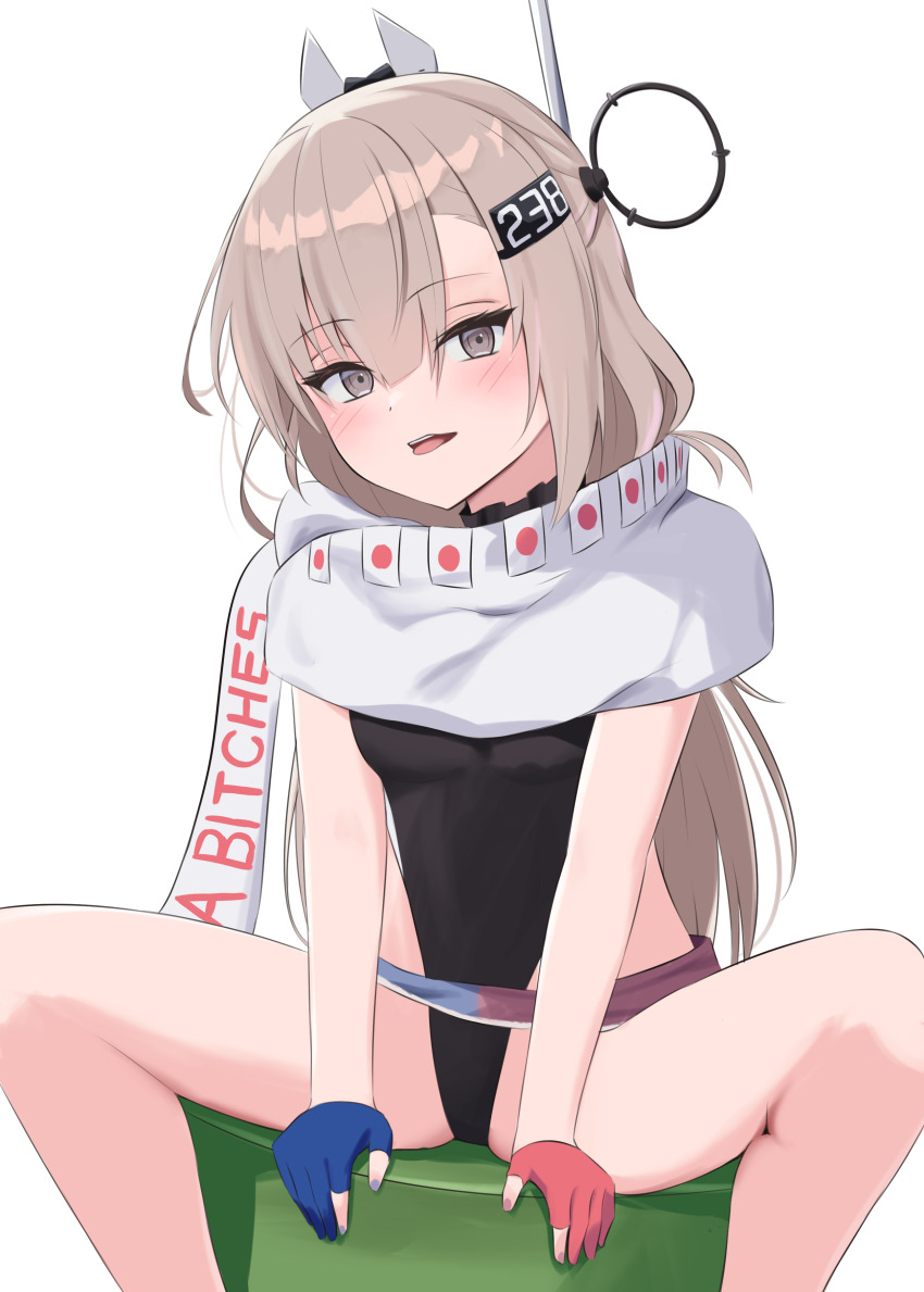 1girl absurdres asymmetrical_gloves belt black_one-piece_swimsuit clothes_writing feet_out_of_frame gloves grey_eyes grey_hair hair_ornament hairclip headgear highleg highleg_one-piece_swimsuit highres kantai_collection l_meet long_hair mismatched_gloves one-piece_swimsuit partially_fingerless_gloves profanity scarf simple_background sitting solo swimsuit wahoo_(kancolle) white_background