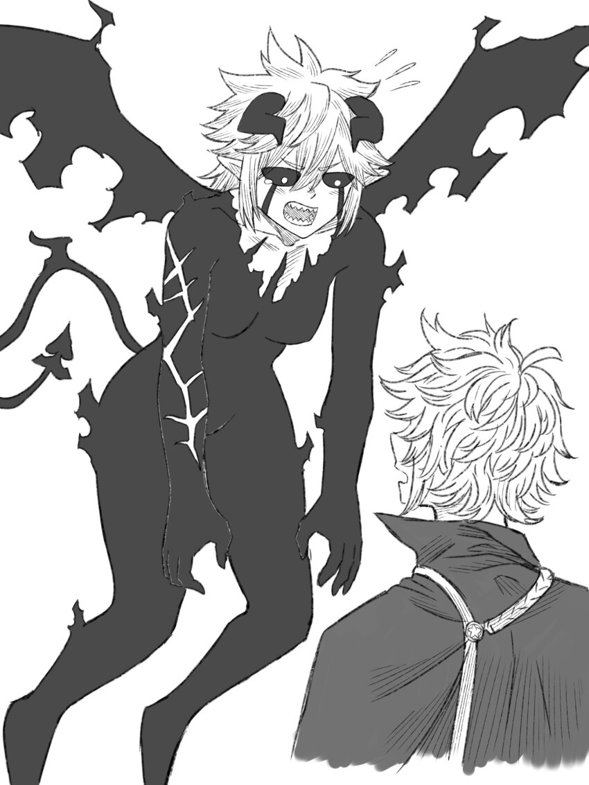 1boy 1girl asta_(black_clover) black_clover demon_girl demon_horns demon_tail demon_wings female_liebe_(black_clover) floating genderswap genderswap_(mtf) highres honexstage horns liebe_(black_clover) monochrome open_mouth sharp_teeth simple_background tail teeth white_background wings