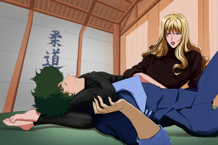 barefoot blonde_hair blue_eyes cigarette closed_eyes couple cowboy_bebop feet formal_clothes green_hair highres julia_(cowboy_bebop) lucy_guusi lucyguusi spike_spiegel suit sweater turtleneck turtleneck_sweater wrestling