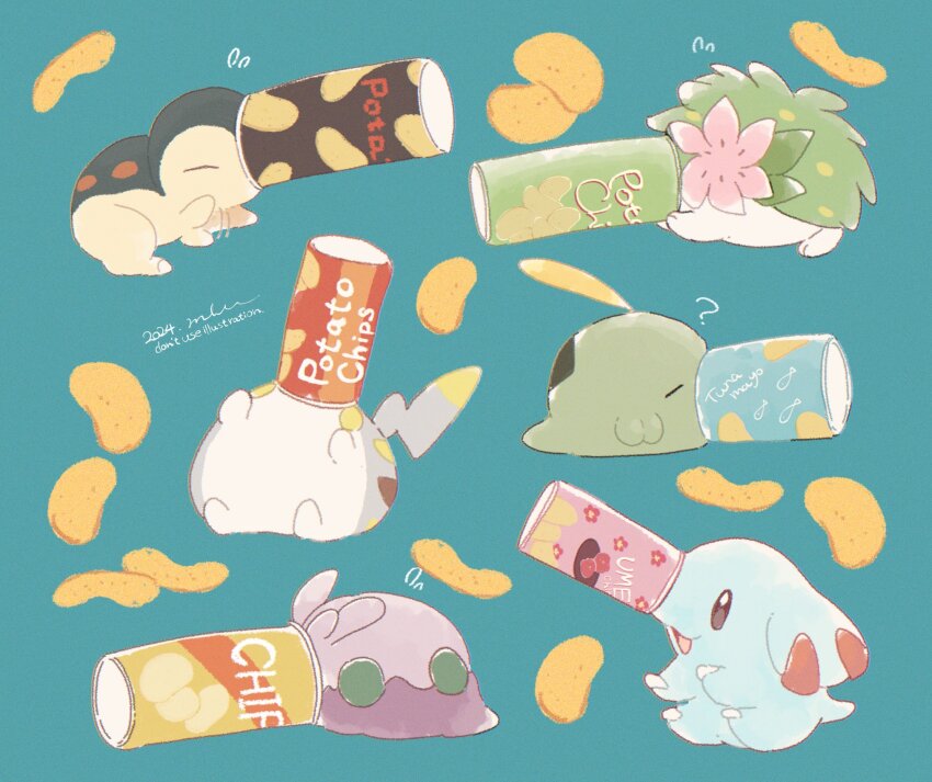 ? blue_background brown_eyes chips_(food) closed_eyes cyndaquil dated flower food full_body game_freak gen_2_pokemon gen_3_pokemon gen_4_pokemon gen_6_pokemon gen_7_pokemon goomy gulpin highres legendary_pokemon mkt_(buizu-miki) mythical_pokemon nintendo no_humans open_mouth phanpy pokemon pokemon_(creature) potato_chips shaymin shaymin_(land) simple_background smile togedemaru