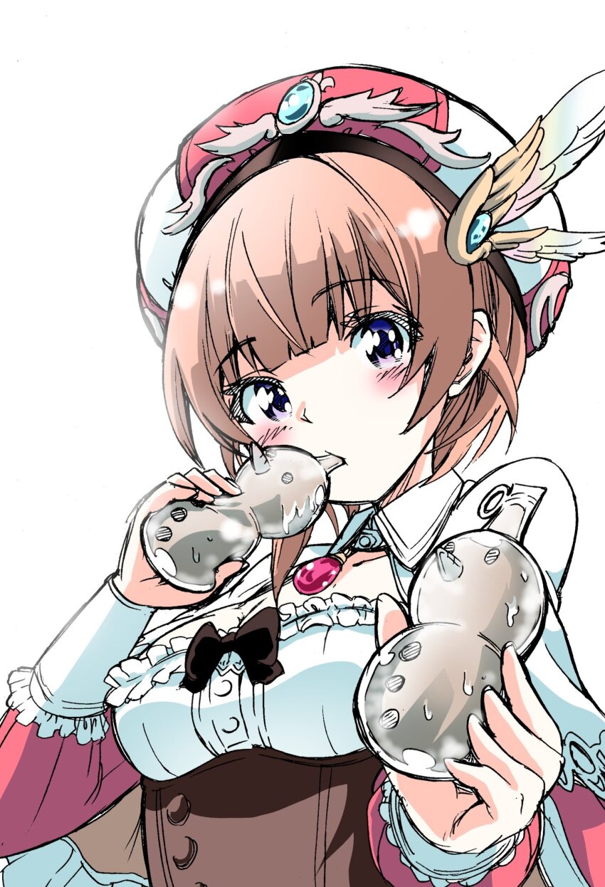 1girl atelier_(series) atelier_rorona blue_eyes blush breasts brown_hair dress drinking hahe hat highres looking_at_viewer medium_breasts rorolina_frixell short_hair simple_background solo white_background