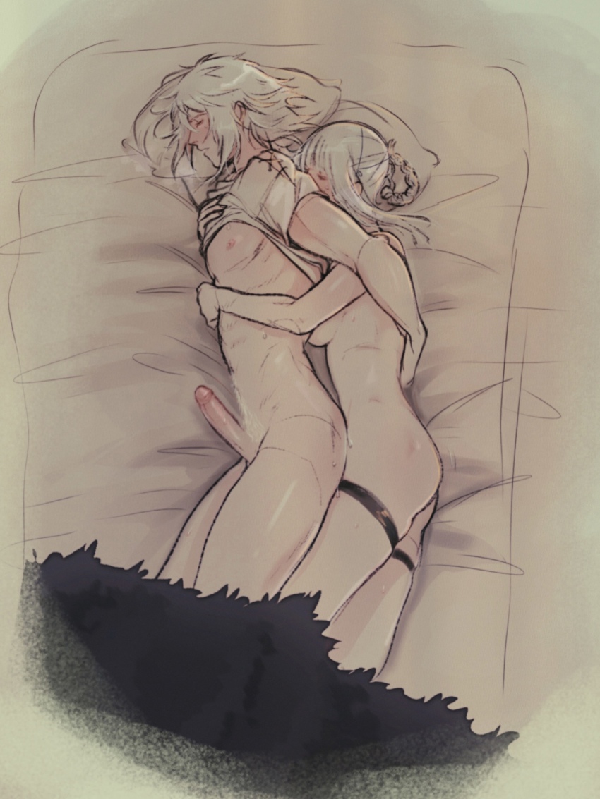 1boy 1futa ass bed blush braid breasts breath closed_eyes clothes_lift cursoulla erection futa_on_male futa_with_male futanari highres hug hug_from_behind implied_futanari kaine_(nier) lying male_pubic_hair medium_breasts nier nier_(brother) nier_(series) nude on_bed on_side penis pillow pubic_hair shirt_lift spooning sweat white_hair