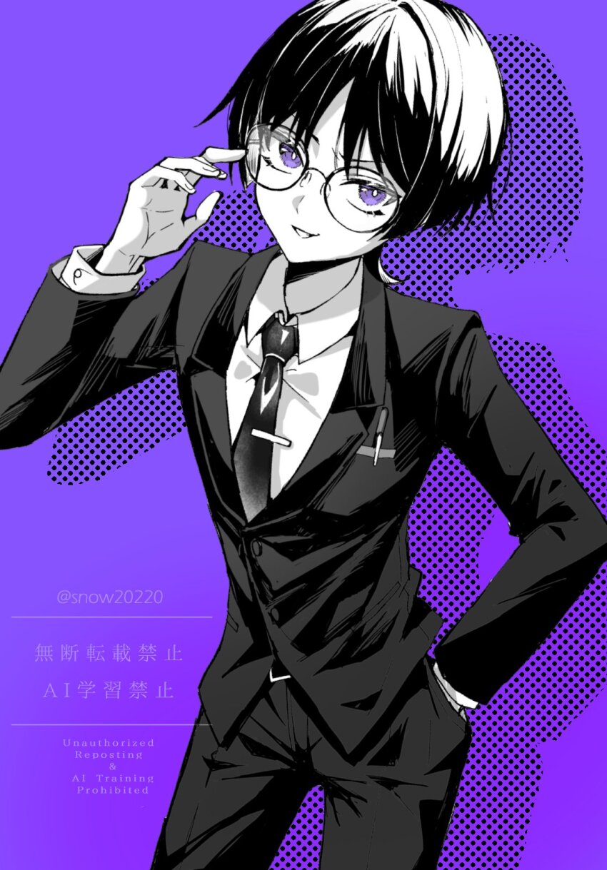 1boy alternate_costume arm_at_side blunt_ends breast_pocket contemporary drop_shadow formal_clothes genshin_impact greyscale_with_colored_background hand_in_pocket hand_up highres jacket layered_sleeves long_sleeves looking_at_viewer male_focus necktie pants pen pocket purple_background purple_eyes scaramouche_(genshin_impact) shirt smirk snow20200 solo spot_color suit suit_jacket twitter_username undershirt watermark wispy_bangs