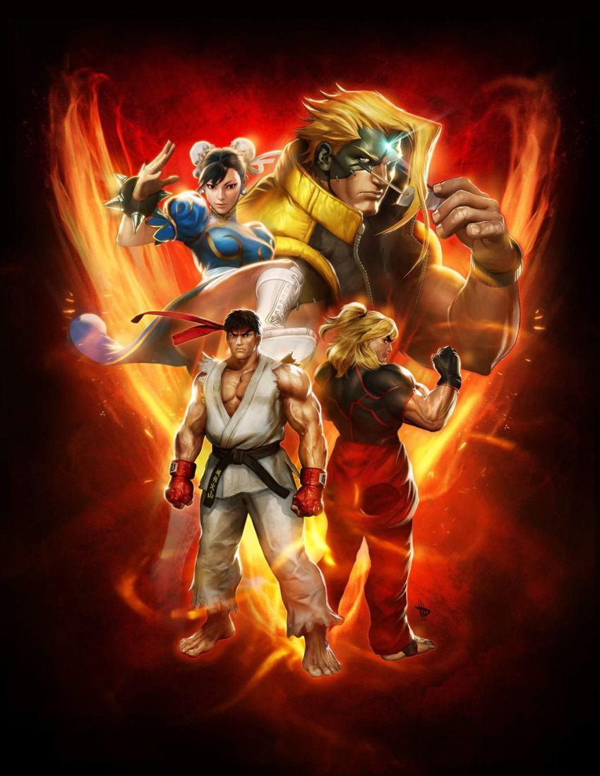 1girl 3boys blonde_hair capcom charlie_nash chun-li dave_wilkins dougi unworn_eyewear forehead_jewel glasses highres ken_masters multiple_boys official_art ryu_(street_fighter) stitches street_fighter street_fighter_v vest