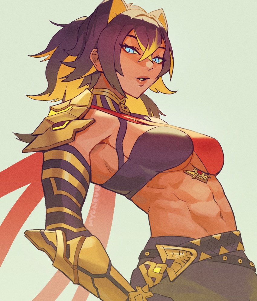 1girl abs arm_armor armor asymmetrical_clothes asymmetrical_gloves bare_shoulders black_hair black_shorts blue_eyes blush breasts cape closed_mouth criss-cross_halter crossed_bangs dark-skinned_female dark_skin dehya_(genshin_impact) earrings gauntlets genshin_impact gloves hair_between_eyes halterneck highres jewelry lips long_hair medium_breasts midriff multicolored_hair muscular muscular_female nail_polish navel nycnouu open_mouth red_nails shorts shoulder_armor simple_background single_pantsleg solo streaked_hair thighs vambraces