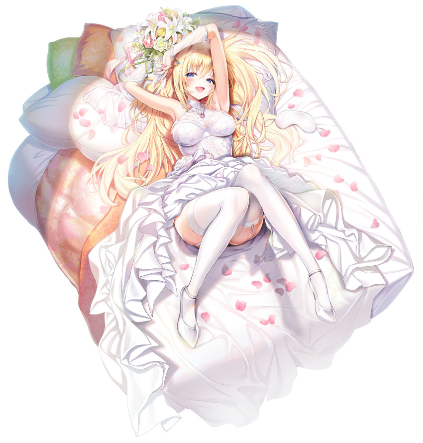 1girl blonde_hair blue_eyes breasts dress garter_straps hair_spread_out high_heels highres large_breasts lazy_dungeon_master long_hair lying novel_illustration official_art on_back petals pillow rokuko rose_petals sleeveless sleeveless_dress solo thighhighs very_long_hair white_dress white_footwear white_garter_straps white_thighhighs youta zettai_ni_hatarakitakunai_dungeon_master_ga_damin_wo_musaboru_made