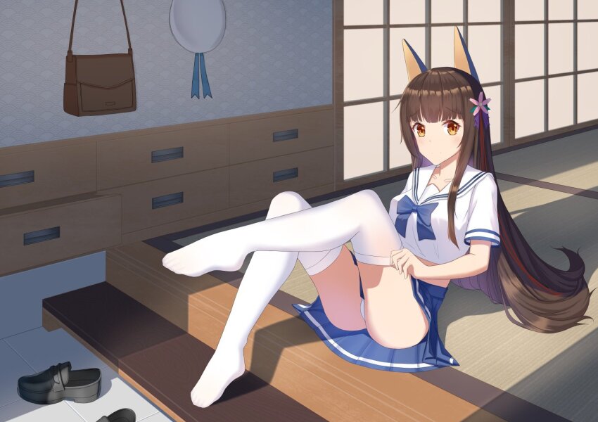 1girl akagi_(warship_girls_r) alternate_costume animal_ears ass bag black_shoes blue_skirt blunt_bangs brown_eyes brown_hair chichengde_haotidu_afusang feet flower fox_ears full_body hair_flower hair_ornament indoors loafers long_hair looking_at_viewer miniskirt no_shoes panties pantyshot pleated_skirt sailor_collar school_uniform serafuku shirt shoes short_sleeves sidelocks sitting skirt solo thighhighs underwear unworn_shoes very_long_hair warship_girls_r white_panties white_shirt white_thighhighs