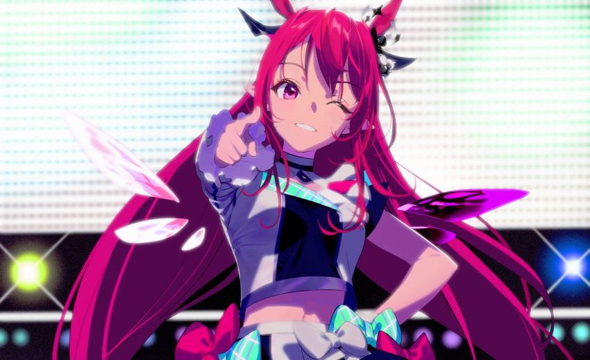 1girl absurdres animal_ears asymmetrical_sleeves asymmetrical_wings bloom_(irys) blue_bow blush bow breasts buttons detached_wings double-breasted extra_ears foreshortening frilled_sleeves frills gloom_(irys) grin hand_on_own_hip highres hololive hololive_english hololive_idol_uniform_(bright) horns horse_ears idol idol_clothes irys_(hololive) long_hair looking_at_viewer medium_breasts midriff mismatched_wings navel official_alternate_costume one_eye_closed pako_(pakosun) parody pointing pointing_at_viewer pointy_ears purple_eyes red_bow red_hair shirt smile solo stage_lights standing style_parody umamusume upper_body very_long_hair virtual_youtuber white_bow white_shirt wings