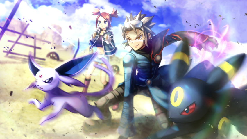 1boy 1girl black_choker blonde_hair boots choker clenched_hands cloud coat commentary_request day espeon gen_2_pokemon hands_up highres holding holding_poke_ball jacket long_sleeves navel nintendo open_clothes open_jacket orange_hair outdoors poke_ball poke_ball_(basic) pokemon pokemon_(creature) pokemon_colosseum purple_shirt rui_(pokemon) shirt short_hair skirt sky spiked_hair squatting standing supino two_side_up umbreon wes_(pokemon)