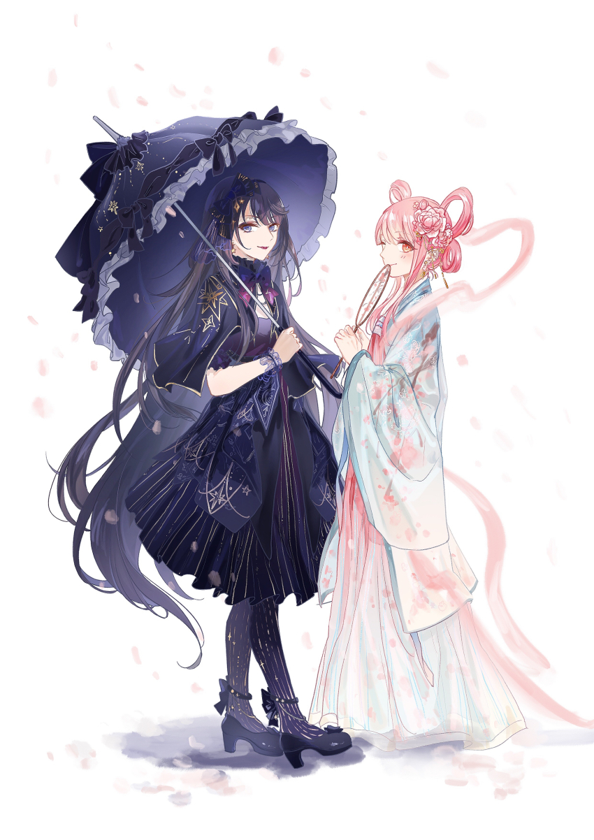 2girls absurdres ankle_bow ankle_ribbon black_bow black_capelet black_dress black_hair black_pantyhose black_shoes black_umbrella black_wrist_cuffs blue_hanfu blue_robe blunt_bangs bow brown_eyes capelet chinese_clothes chinese_commentary closed_mouth commentary_request confeitoo dress earrings falling_petals fan_to_mouth floral_print flower frilled_sleeves frilled_umbrella frilled_wrist_cuffs frills full_body fur-trimmed_capelet fur_trim gradient_hanfu grey_eyes hagoromo hair_flower hair_ornament hair_rings hand_fan hanfu happy hezi heziqun high_heels highres holding holding_fan holding_umbrella jewelry light_blush lilith_(shining_nikki) lipstick long_dress long_hair long_sleeves lotus makeup medium_dress multiple_girls nikki_(nikki) nikki_(series) pale_skin pantyhose parasol petals pink_flower pink_hair pink_hanfu pleated_dress pointy_nose pumps red_lips ribbon robe shadow shawl shining_nikki shoes short_hair_with_long_locks short_sleeves sidelocks sleeves_past_wrists smile standing star_(symbol) star_hair_ornament star_print striped_clothes striped_dress striped_pantyhose swept_bangs tuanshan umbrella umbrella_over_shoulder updo vertical-striped_clothes vertical-striped_dress vertical-striped_pantyhose very_long_hair white_background wide_sleeves wrist_cuffs