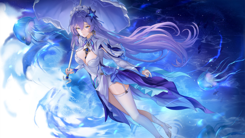 1girl asymmetrical_legwear blue_eyes blue_flower breasts cantarella_(wuthering_waves) closed_mouth commentary dress earrings facial_mark fingernails flower hair_between_eyes hair_flower hair_ornament headdress highres holding holding_umbrella jellyfish jewelry kachi kneehighs large_breasts looking_at_viewer mark_under_eye nail_polish parasol purple_hair purple_nails purple_umbrella shrug_(clothing) single_kneehigh single_sock single_thighhigh smile socks solo thighhighs thighs umbrella uneven_legwear white_dress white_shrug white_socks white_thighhighs wuthering_waves