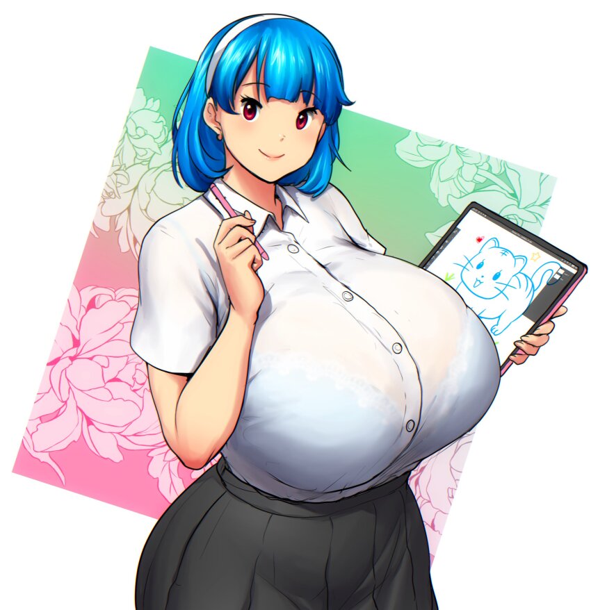 1girl black_skirt blue_hair bra_visible_through_clothes breasts collared_shirt cowboy_shot erkaz floral_background gradient_background hairband highres holding holding_stylus holding_tablet_pc huge_breasts medium_hair original pleated_skirt rina_atherina shirt short_sleeves skirt solo stylus tablet_pc white_hairband white_shirt
