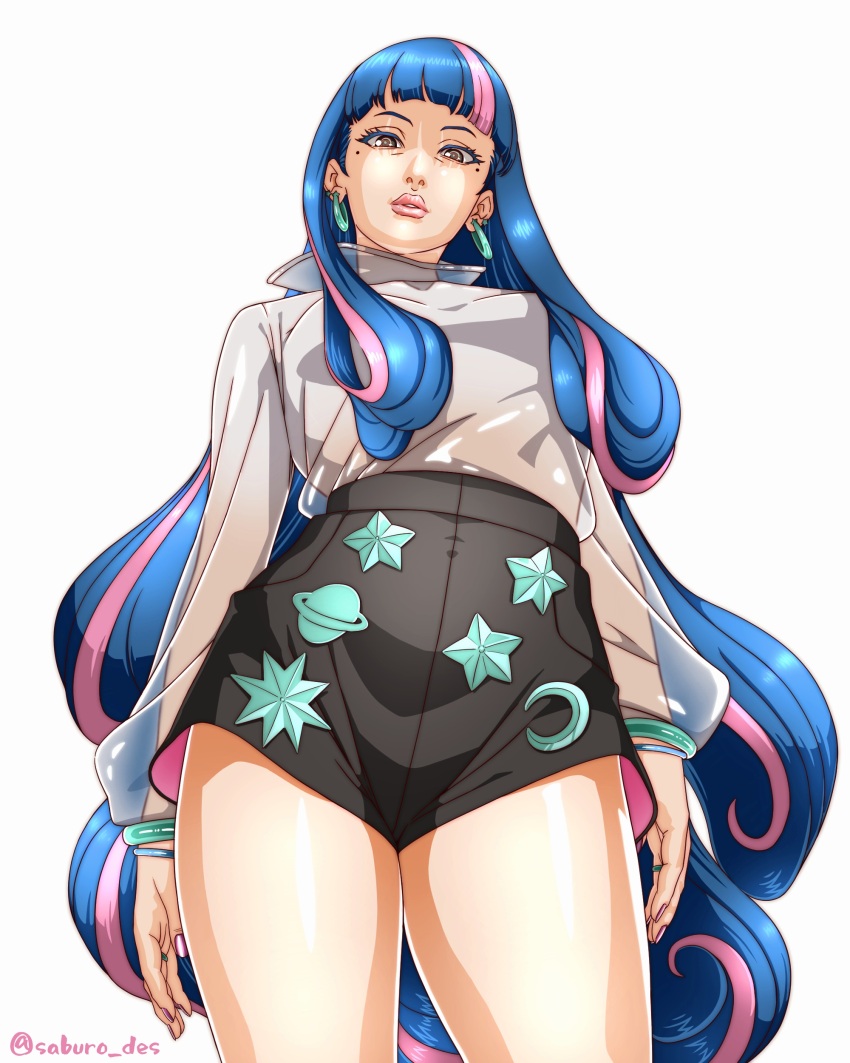 1girl absurdres ada_(boruto) bad_tag black_eyes black_shorts blue_hair boruto:_naruto_next_generations bracelet breasts commentary_request cowboy_shot earrings from_below high-waist_shorts highres hoop_earrings jewelry lips long_hair multicolored_hair multiple_bracelets naruto_(series) parted_lips pink_hair pink_lips saburo_des see-through_clothes see-through_sleeves short_shorts shorts small_breasts solo streaked_hair two-tone_hair very_long_hair