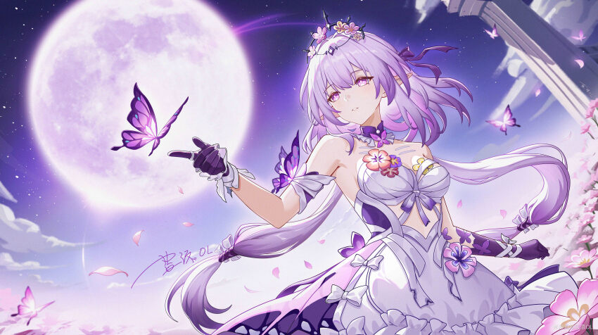 1girl absurdres bare_shoulders black_gloves breasts bug butterfly castorice_(honkai:_star_rail) cleavage commentary_request dress flower full_moon gloves hair_ornament highres honkai_(series) incredibly_absurdres insect lantian_ol long_hair medium_breasts moon night night_sky parted_lips petals pillar pink_flower pointy_ears purple_eyes purple_hair sky solo star_(sky) twintails white_dress