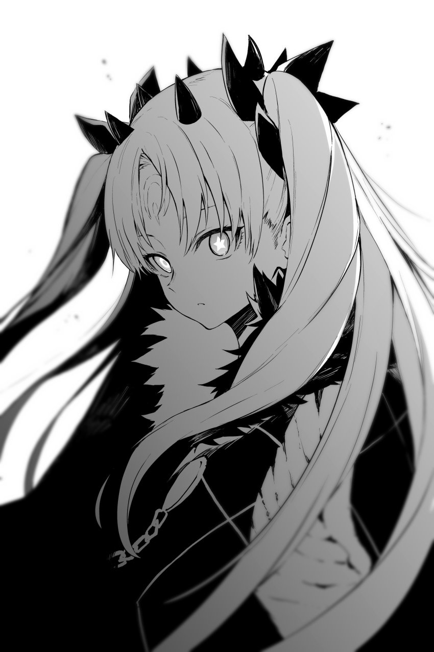 1girl absurdres blurry blurry_background blurry_foreground cape crescent crescent_facial_mark depth_of_field ereshkigal_(fate) facial_mark fate/grand_order fate_(series) female_focus fur-trimmed_cape fur_trim greyscale highres jewelry long_hair looking_at_viewer monochrome open_mouth parted_bangs solo space_ishtar_(fate) space_ishtar_(third_ascension)_(fate) star-shaped_pupils star_(symbol) symbol-shaped_pupils tsukamoto_minori two_side_up very_long_hair