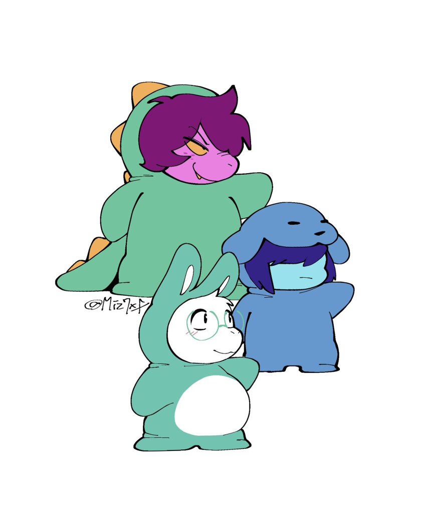 1boy 1girl 1other animal_costume animal_ears artist_name blue_hair blue_skin blush chibi closed_mouth colored_skin deltarune dinosaur_costume dinosaur_girl dinosaur_tail dog_costume dog_ears furry furry_female furry_male goat_boy highres kris_(deltarune) miz7xf onesie pink_hair pink_skin rabbit_costume rabbit_ears ralsei round_eyewear smile susie_(dark_world)_(deltarune) susie_(deltarune) tail white_background