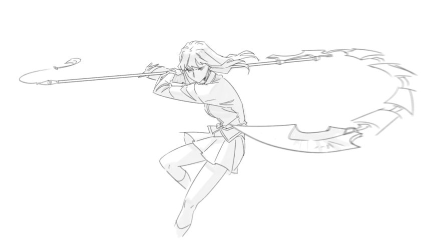 1girl floating_hair fujino_shizuru fuuka_academy_school_uniform greyscale guri_gom highres holding holding_polearm holding_weapon jacket long_hair looking_at_viewer monochrome motion_blur my-hime naginata no_mouth pleated_skirt polearm school_uniform skirt socks solo weapon