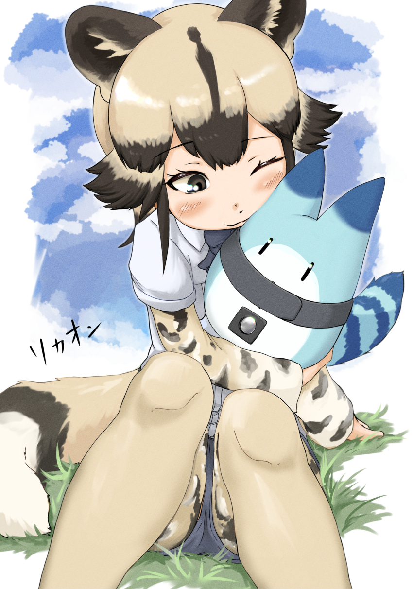 1girl absurdres african_wild_dog_(kemono_friends) animal_ears animal_print black_hair blush bow bowtie brown_hair closed_mouth collared_shirt denim denim_shorts dog_ears dog_tail feet_out_of_frame fuzhuz grass grey_eyes highres hug kemono_friends knees_up layered_sleeves light_brown_hair long_sleeves looking_at_another lucky_beast_(kemono_friends) medium_hair multicolored_hair on_grass on_ground one_eye_closed print_sleeves shirt short_over_long_sleeves short_shorts short_sleeves shorts sitting smile tail thighhighs two-tone_hair upshorts white_shirt wing_collar