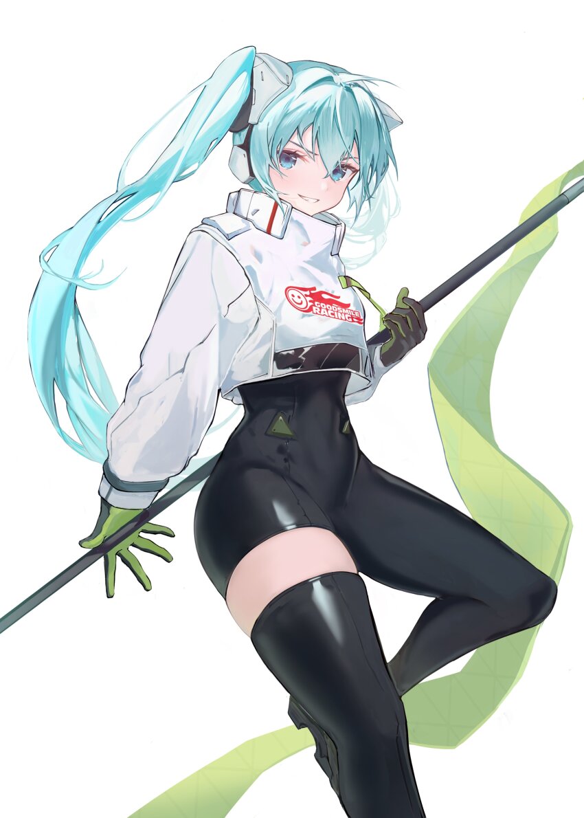 1girl absurdres aqua_hair asymmetrical_bodysuit black_boots black_gloves blue_eyes boots commentary_request cowboy_shot cropped_jacket flagpole gloves goodsmile_racing green_flag green_gloves hatsune_miku high_collar highres jacket kuki1628 leg_up logo long_hair looking_at_viewer racing_miku racing_miku_(2022) single_leg_bodysuit single_thigh_boot smile solo thigh_boots twintails two-sided_gloves vocaloid white_background white_jacket