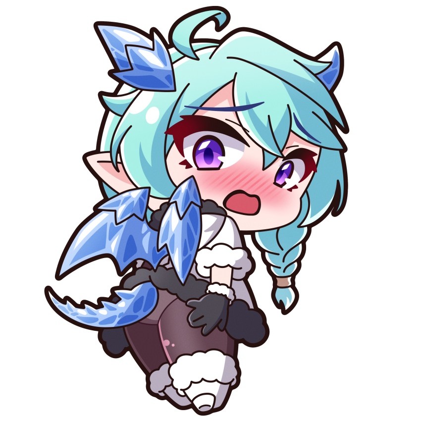 1girl absurdres ass black_gloves blue_hair blue_wings blush boots braid brown_pantyhose chibi commentary_request dragon_girl dragon_horns dragon_tail dragon_wings from_behind full_body fur-trimmed_boots fur-trimmed_gloves fur-trimmed_hood fur-trimmed_jacket fur-trimmed_sleeves fur_trim gloves hair_between_eyes high_heel_boots high_heels highres hood hood_down hooded_jacket horns ice ice_horns ice_wings jacket long_hair looking_at_viewer looking_back nose_blush open_mouth panties panties_under_pantyhose pantyhose pointy_ears princess_connect! purple_eyes saishosaisekojo sheffy_(princess_connect!) simple_background single_braid solo tail underwear wavy_mouth white_background white_boots white_jacket wings