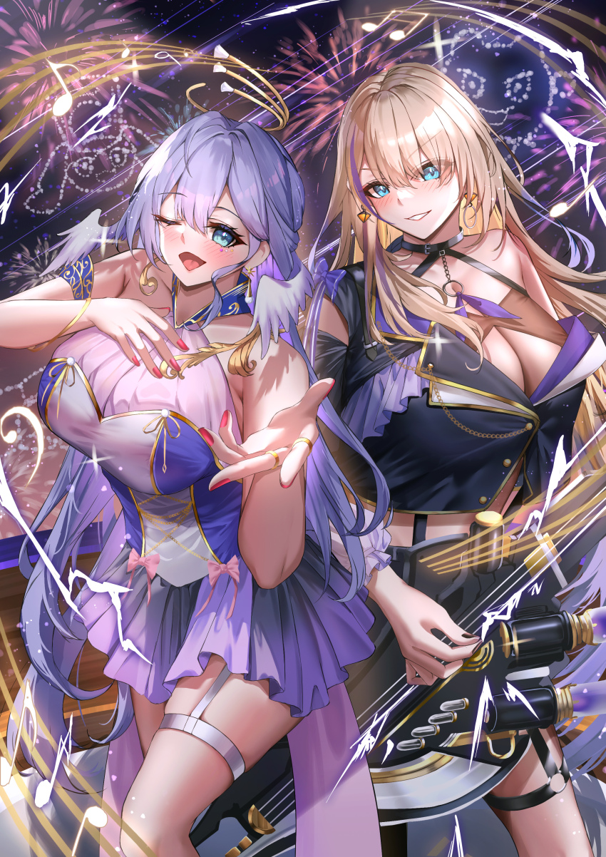 2girls absurdres alternate_breast_size alternate_costume aqua_eyes bare_shoulders blonde_hair blue_eyes breasts choker cleavage dress earrings electric_guitar gloves guitar halo head_wings highres holding honkai:_star_rail honkai_(series) instrument jewelry kirisamede_gzr large_breasts long_hair looking_at_viewer multicolored_hair multiple_girls nail_polish one_eye_closed open_mouth purple_hair robin_(honkai:_star_rail) serval_landau smile streaked_hair white_dress white_wings wings