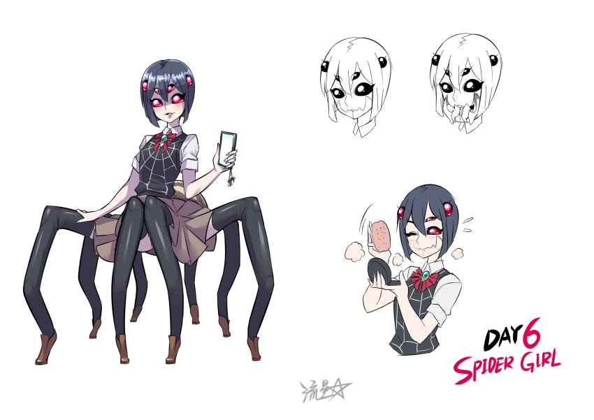 1girl arthropod_girl black_hair bob_cut bow brooch brown_footwear brown_skirt bug cellphone commentary compact_(cosmetics) cosmetics english_commentary english_text extra_eyes fly highres holding holding_phone insect insect_girl jewelry multiple_legs multiple_views original phone powder powder_puff red_eyes ryuusei_(mark_ii) shirt shoes short_hair short_sleeves simple_background skirt smartphone spider_girl spider_web_print thighhighs vest white_background