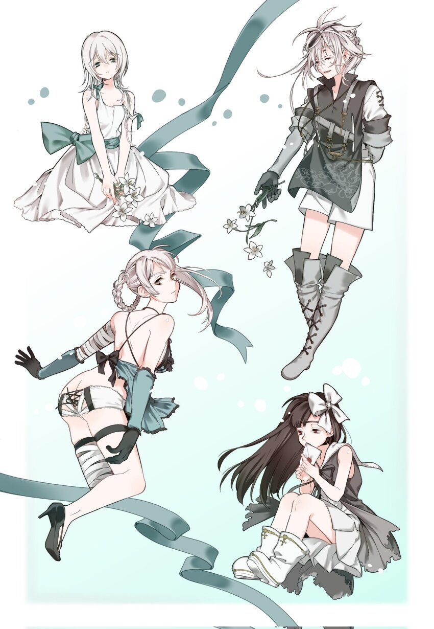 1boy 3girls ass bandaged_arm bandaged_leg bandages black_gloves black_hair blue_background boots border bow braid braided_hair_rings butt_crack closed_eyes closed_mouth corrupted_twitter_file detached_sleeves dress envelope flower gloves green_bow green_eyes green_sash grey_boots hair_bow hair_rings high_heels highres holding holding_flower kaine_(nier) lingerie long_hair louise_(nier) medium_hair multiple_girls negligee nier nier_(brother) nier_(series) open_mouth outside_border red_eyes saltysnow74 sash sitting smile underwear white_boots white_border white_bow white_dress white_hair yellow_eyes yonah