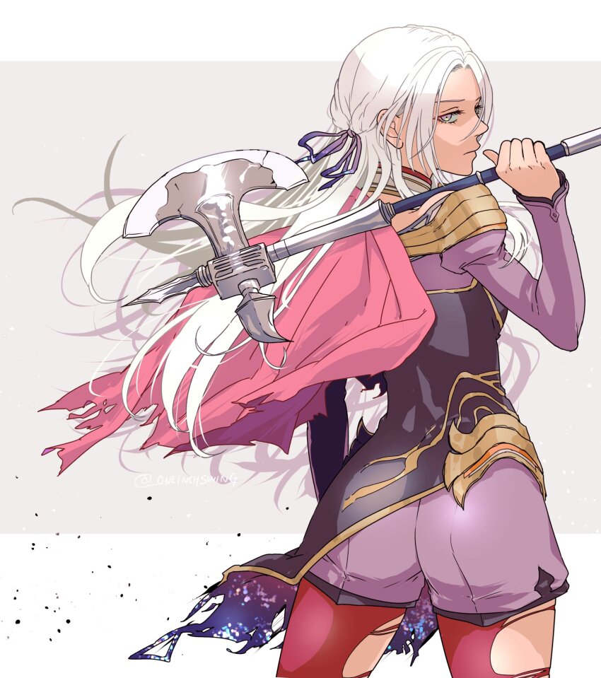 1girl absurdres ass axe cape edelgard_von_hresvelg edelgard_von_hresvelg_(resplendent) fire_emblem fire_emblem:_three_houses fire_emblem_heroes forehead hair_ribbon highres holding holding_axe jewelry long_hair long_sleeves nintendo official_alternate_costume pantyhose pink_cape purple_eyes purple_ribbon red_pantyhose ribbon simple_background solo torn_clothes umi_(_oneinchswing) white_hair