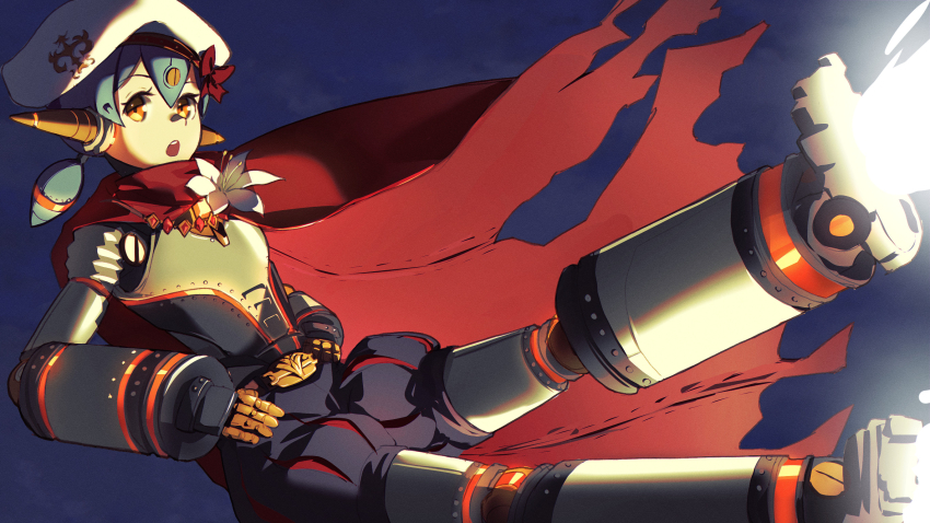 1girl android beret black_shorts blue_hair cape commentary hair_between_eyes hand_on_own_hip hat highres long_hair low_twintails madou_zakura night open_mouth orange_eyes outdoors poppi_(xenoblade) poppi_alpha_(xenoblade) puff_and_slash_shorts red_cape short_shorts shorts solo teeth torn_cape torn_clothes twintails upper_teeth_only white_hat xenoblade_chronicles_(series) xenoblade_chronicles_2
