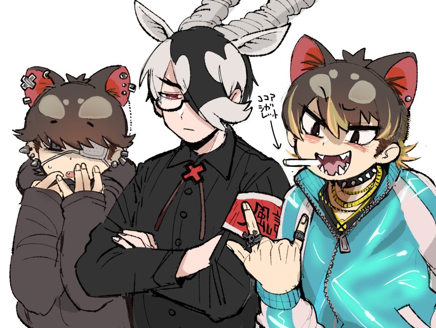 3boys \m/ alternate_hair_length alternate_hairstyle animal_ears antelope_ears antelope_horns armband arrow_(symbol) australian_devil_(kemono_friends) bad_id bad_twitter_id batten_japari_dan bespectacled black-framed_eyewear black_eyes black_shirt blackbuck_(kemono_friends) blonde_hair brown_hair chocolate_cigarette choker closed_mouth commentary_request contemporary crossed_arms ear_piercing earrings empty_eyes extra_ears eyepatch fang fingernails food genderswap genderswap_(ftm) glasses grey_eyes hair_between_eyes half-closed_eye hand_up hands_up highres horns igarashi_(nogiheta) jacket jewelry kemono_friends long_sleeves looking_at_viewer male_focus medical_eyepatch multicolored_hair multiple_boys necklace one_eye_covered open_mouth piercing pubic_hair punk raised_eyebrow red_eyes ring semi-rimless_eyewear serious shaded_face sharp_teeth shirt short_hair simple_background skull skull_ring sleeves_past_wrists smile spiked_choker spikes swept_bangs tasmanian_devil_(kemono_friends) tasmanian_devil_ears teeth track_jacket translation_request under-rim_eyewear upper_body white_background zipper zipper_pull_tab