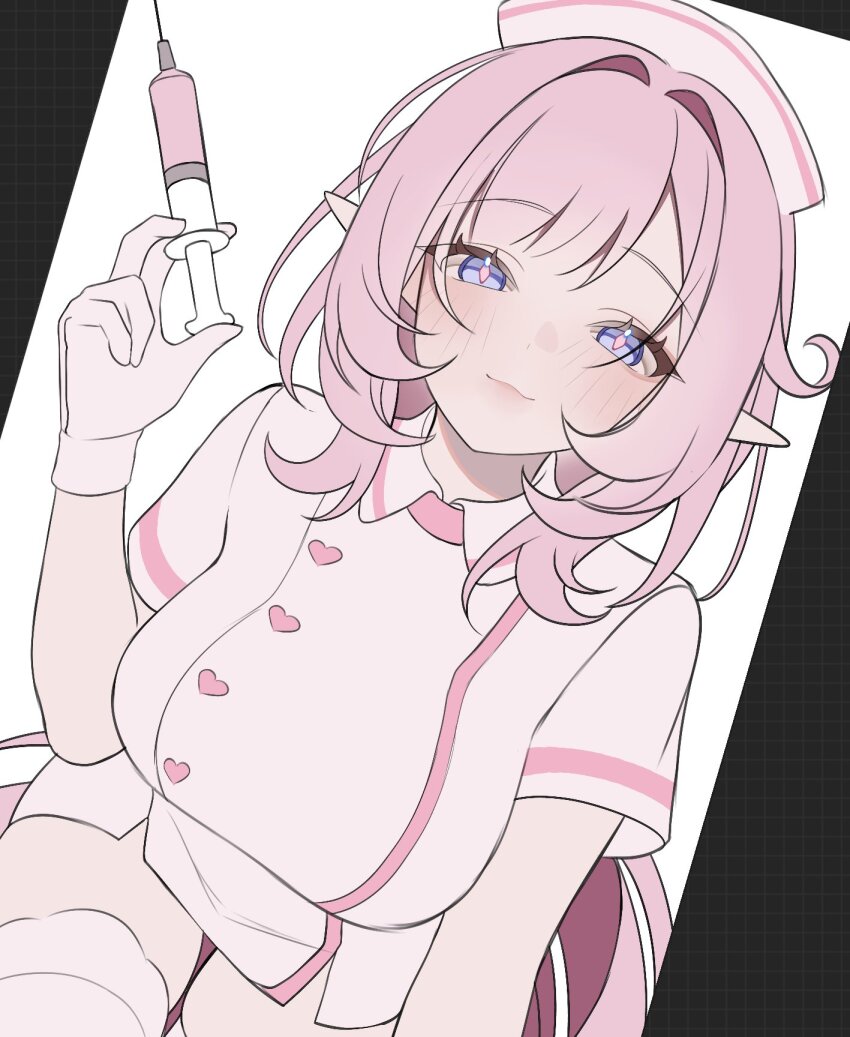 1girl alternate_costume blue_eyes breasts commentary dress elf elysia_(honkai_impact) hat highres holding holding_syringe honkai_(series) honkai_impact_3rd large_breasts long_hair looking_at_viewer maid nurse nurse_cap pink_hair pointy_ears rosheil smile solo syringe thighhighs thighs unfinished very_long_hair white_dress white_thighhighs