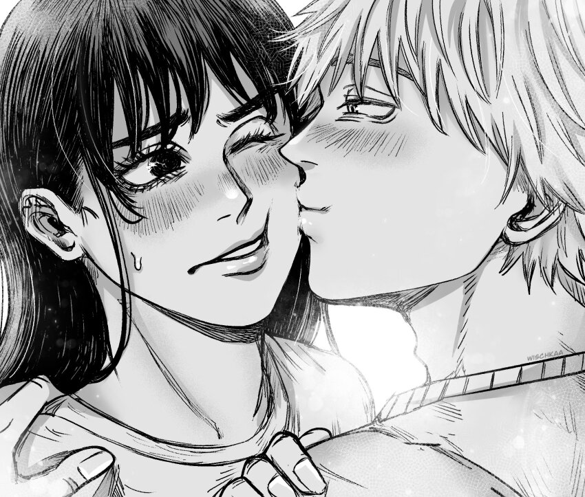 1boy 1girl adam&#039;s_apple backlighting blush chainsaw_man commentary denji_(chainsaw_man) greyscale hand_on_another&#039;s_shoulder hetero highres kiss kissing_cheek mitaka_asa monochrome one_eye_closed sweatdrop wischkaa