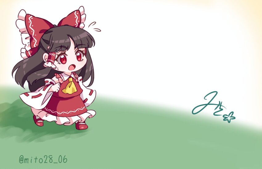 1girl :o ascot bare_shoulders blunt_bangs bow brown_hair chibi chibi_only collared_shirt commentary_request detached_sleeves flying_sweatdrops frilled_bow frilled_hair_tubes frilled_skirt frills full_body hair_bow hair_tubes hakurei_reimu highres long_hair mito_(fate) open_mouth parted_bangs red_bow red_eyes red_shirt red_shoes red_skirt ribbon-trimmed_sleeves ribbon_trim running shirt shoes sidelocks signature skirt skirt_set sleeveless sleeveless_shirt socks solo touhou twitter_username white_sleeves white_socks wide_sleeves yellow_ascot