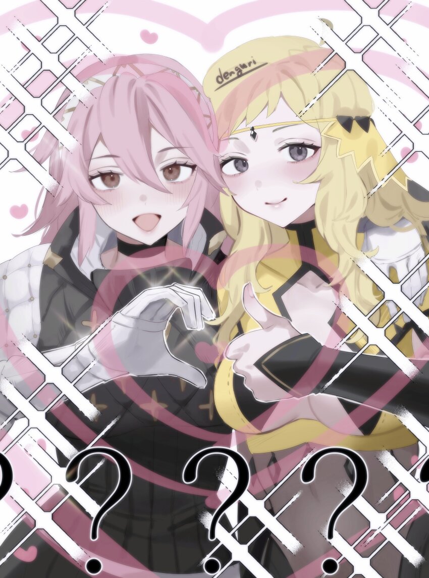 2girls :d absurdres arm_around_shoulder artist_name black_choker blonde_hair blush breasts choker circlet closed_mouth covered_navel fire_emblem fire_emblem_fates gambeson gloves hair_between_eyes heart_hands_failure highres long_hair looking_at_viewer multiple_girls nintendo open_mouth ophelia_(fire_emblem) pink_hair sakuramotikun smile soleil_(fire_emblem) thumbs_up upper_body white_gloves yuri