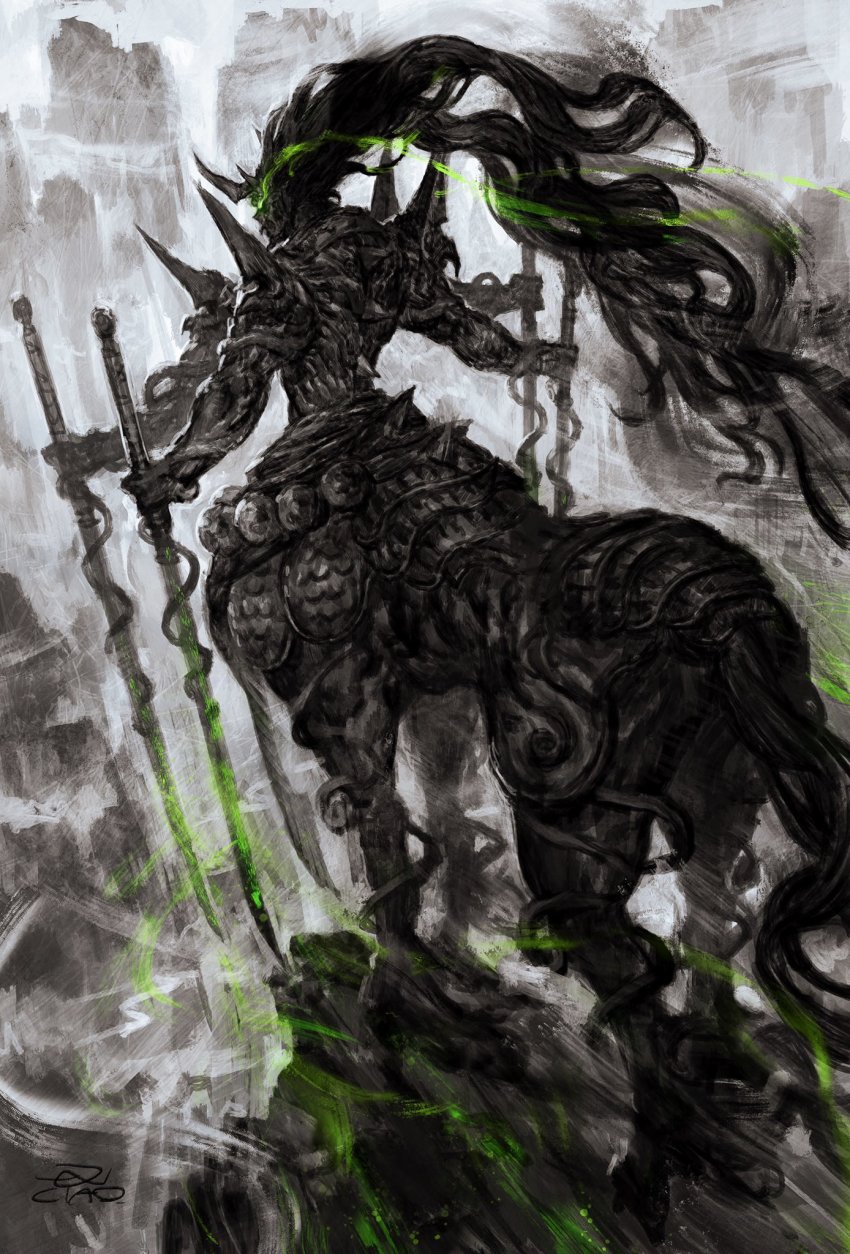 1boy centaur dannoura_yuuki extra_arms fate/grand_order fate_(series) from_above from_behind glowing glowing_eye glowing_sword glowing_weapon highres long_hair signature solo sword taur traditional_media very_long_hair weapon xiang_yu_(fate)