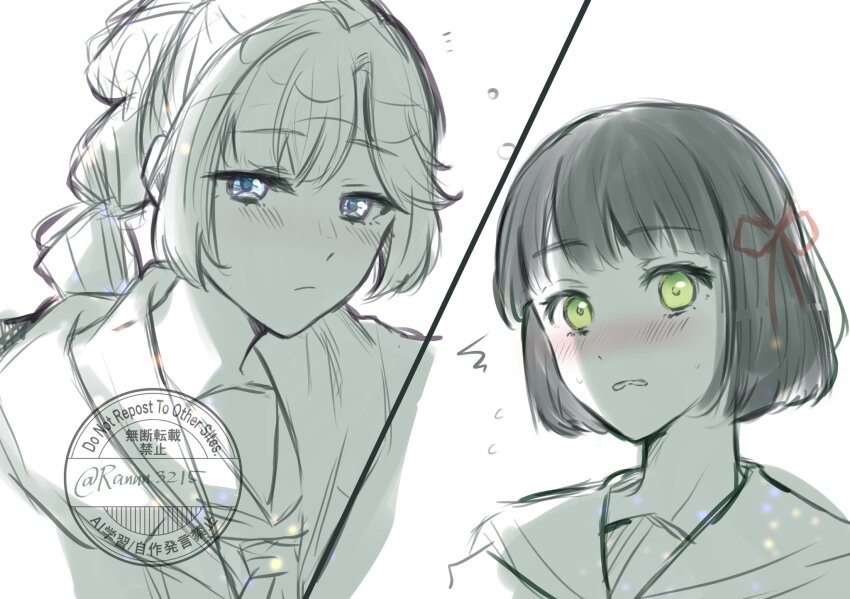 2girls anyoji_hime blue_eyes blunt_bangs blunt_ends blush bob_cut commentary_request dress flower_knot flying_sweatdrops green_eyes greyscale hair_ribbon hasu_no_sora_school_uniform highres hood hooded_jacket jacket link!_like!_love_live! long_hair long_sleeves love_live! momose_ginko monochrome multi-tied_hair multiple_girls neckerchief nose_blush notice_lines open_clothes open_jacket parted_lips ponytail ranmaro ribbon sailor_collar sailor_dress school_uniform short_hair sidelocks simple_background spot_color swept_bangs twitter_username virtual_youtuber watermark white_background winter_uniform