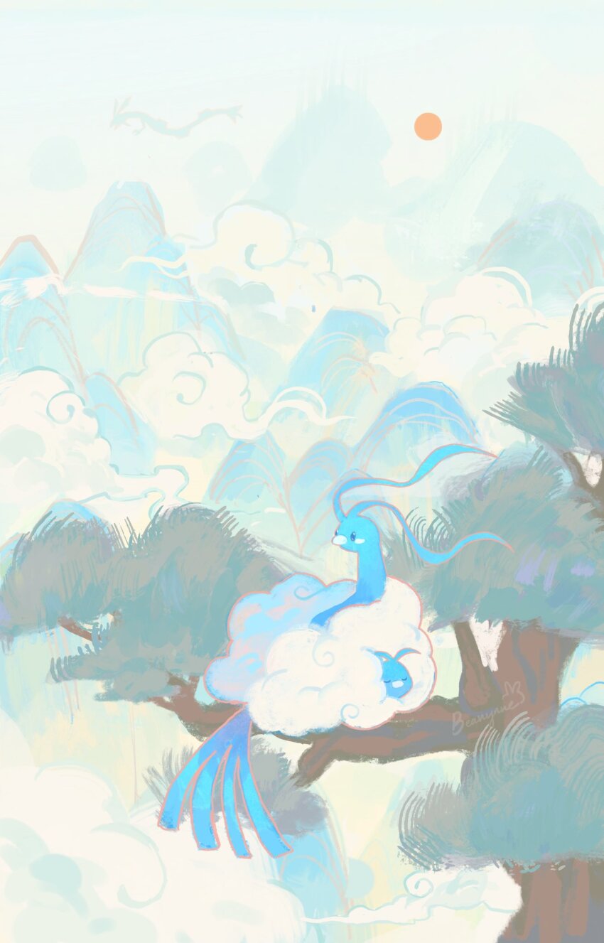 altaria artist_name beanynne bird bird_tail cloud commentary english_commentary evolutionary_line flying gen_3_pokemon highres legendary_pokemon mountain nintendo pokemon pokemon_(creature) rayquaza sitting_on_branch sun swablu tail tree twitter_username