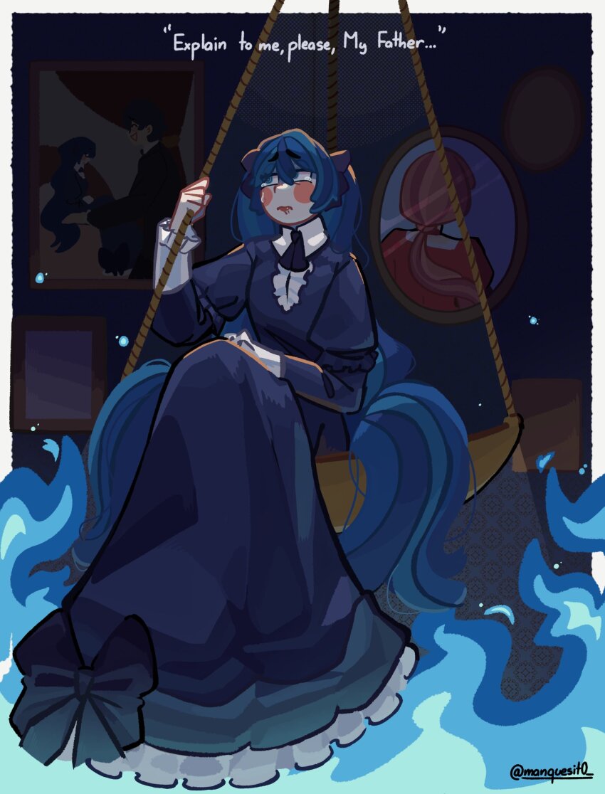 1girl aqua_eyes balance_scale black_coat blue_dress blue_fire blue_hair blush_stickers chaban_capriccio_(vocaloid) clockworker&#039;s_doll coat collar collared_dress colored_skin crying crying_with_eyes_open dress embers evillious_nendaiki fire frilled_dress frills gallerian_marlon halftone hand_on_own_knee hatsune_miku highres houtei_no_nushi irina_clockworker judge kaito_(vocaloid) long_dress manque master_of_the_court_(vocaloid) michelle_marlon nekomura_iroha pale_skin petticoat pink_hair pink_lips ponytail pout red_dress short_hair sitting tearing_up tears twintails very_short_hair vocaloid weighing_scale white_collar white_skin white_wrist_cuffs wrist_cuffs