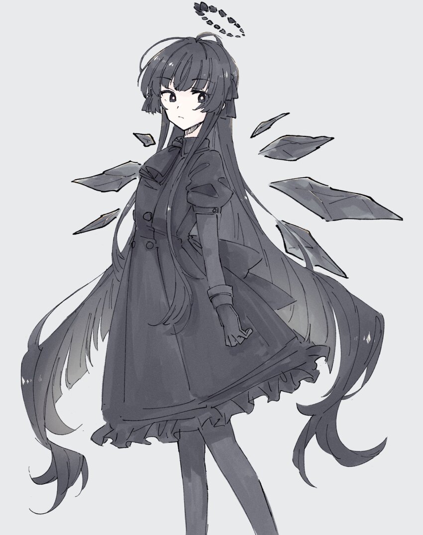 1girl arknights black_dress black_eyes black_gloves black_hair black_halo black_pantyhose bright_pupils broken_halo commentary dress ebi_(pebikyoukai) frown gloves grey_background halo highres long_hair looking_back pantyhose puffy_sleeves simple_background solo very_long_hair virtuosa_(arknights) white_pupils wings