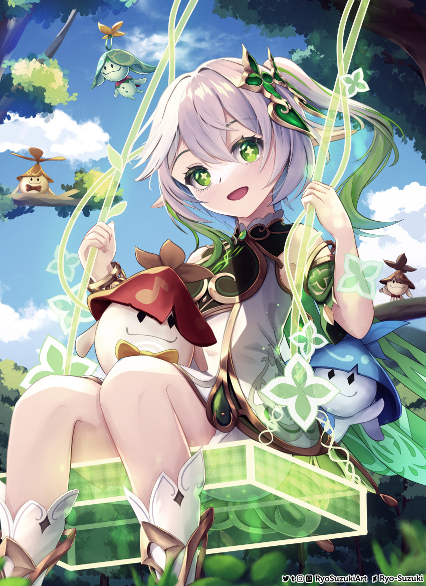 1girl absurdres bare_shoulders genshin_impact green_eyes grey_hair highres looking_at_viewer nahida_(genshin_impact) on_swing open_mouth outdoors ryo-suzuki sitting solo swing symbol-shaped_pupils