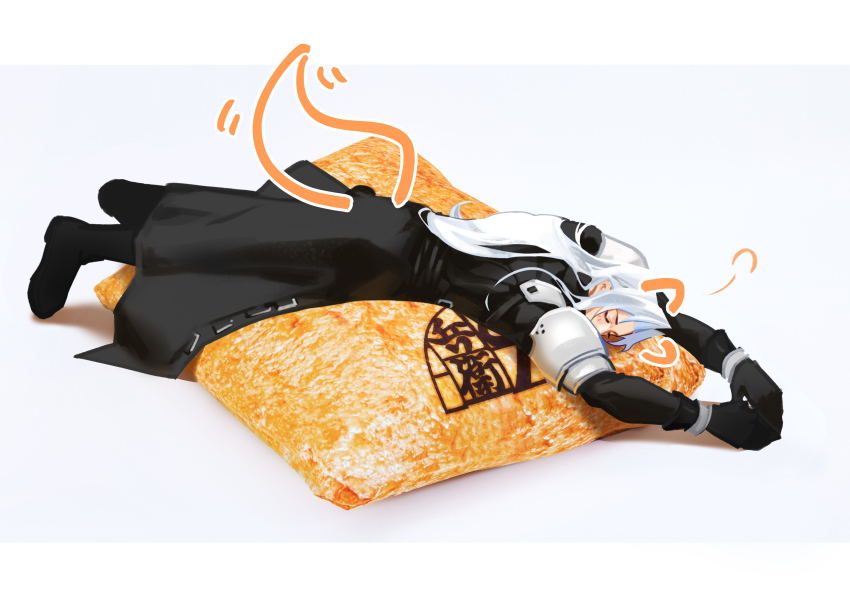 1boy 96min69 animal_ears armor black_boots black_coat black_gloves blush boots closed_eyes coat donbei_kitsune_udon drawn_ears drawn_tail final_fantasy final_fantasy_vii final_fantasy_vii_remake food-themed_pillow fox_ears fox_tail full_body gloves grey_background highres long_coat long_hair lying male_focus nissin_donbei on_stomach pauldrons photo-referenced photo_background pillow sephiroth shoulder_armor sigh solo tail tail_wagging white_hair