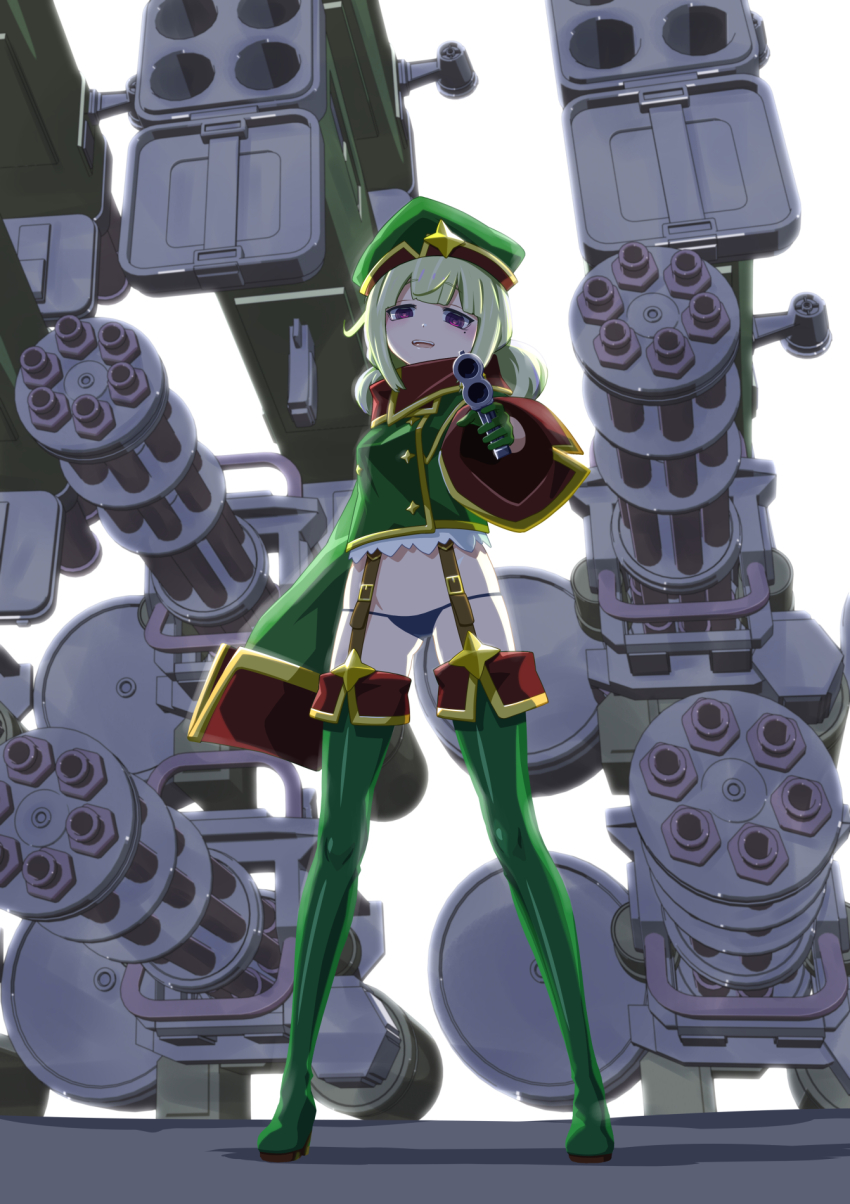 1girl 32zzz aiming aiming_at_viewer araga_kiwi backlighting beret black_panties boots buttons commentary cropped_jacket double-breasted double_bun english_commentary full_body garter_straps gatling_gun gloves green_boots green_gloves green_hair green_hat green_jacket gun hair_bun half-closed_eyes hat hat_ornament highres holding holding_gun holding_weapon jacket legs_up leoparde_(mahou_shoujo_ni_akogarete) long_sleeves looking_at_viewer low_twintails lowleg lowleg_panties m134_minigun m202_flash machine_gun magical_girl mahou_shoujo_ni_akogarete medium_hair medium_machine_gun minigun mole mole_under_eye multiple-barrel_gun multishot_rocket_launcher open_mouth panties purple_eyes rocket_launcher rotary_machine_gun shadow simple_background sleeves_past_fingers sleeves_past_wrists smile solo standing star_(symbol) star_hat_ornament star_ornament string_panties thigh_boots twintails underwear weapon white_background