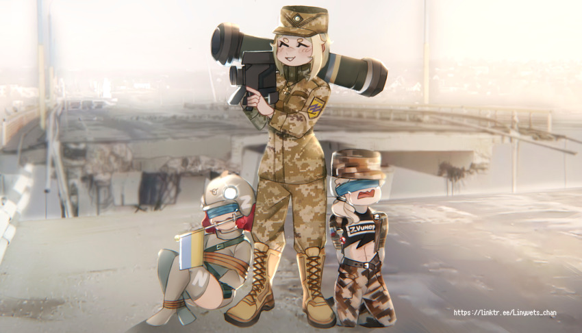 3girls arms_behind_back azov_battalion badge belt black_tank_top blonde_hair borrowed_character bound bound_arms bound_legs bridge buhanka-chan coat_of_arms combat_helmet covered_eyes crying destruction fgm-148_javelin hat headlamp helmet highres holding holding_weapon jacket kneeling marichka midriff military military_hat military_jacket military_pants military_uniform mouth_hold multiple_girls open_mouth over_shoulder ponytail prisoner_of_war red_hair restrained rocket_launcher russo-ukrainian_war smile tank_top thighhighs ukraine ukrainian_flag weapon weapon_over_shoulder