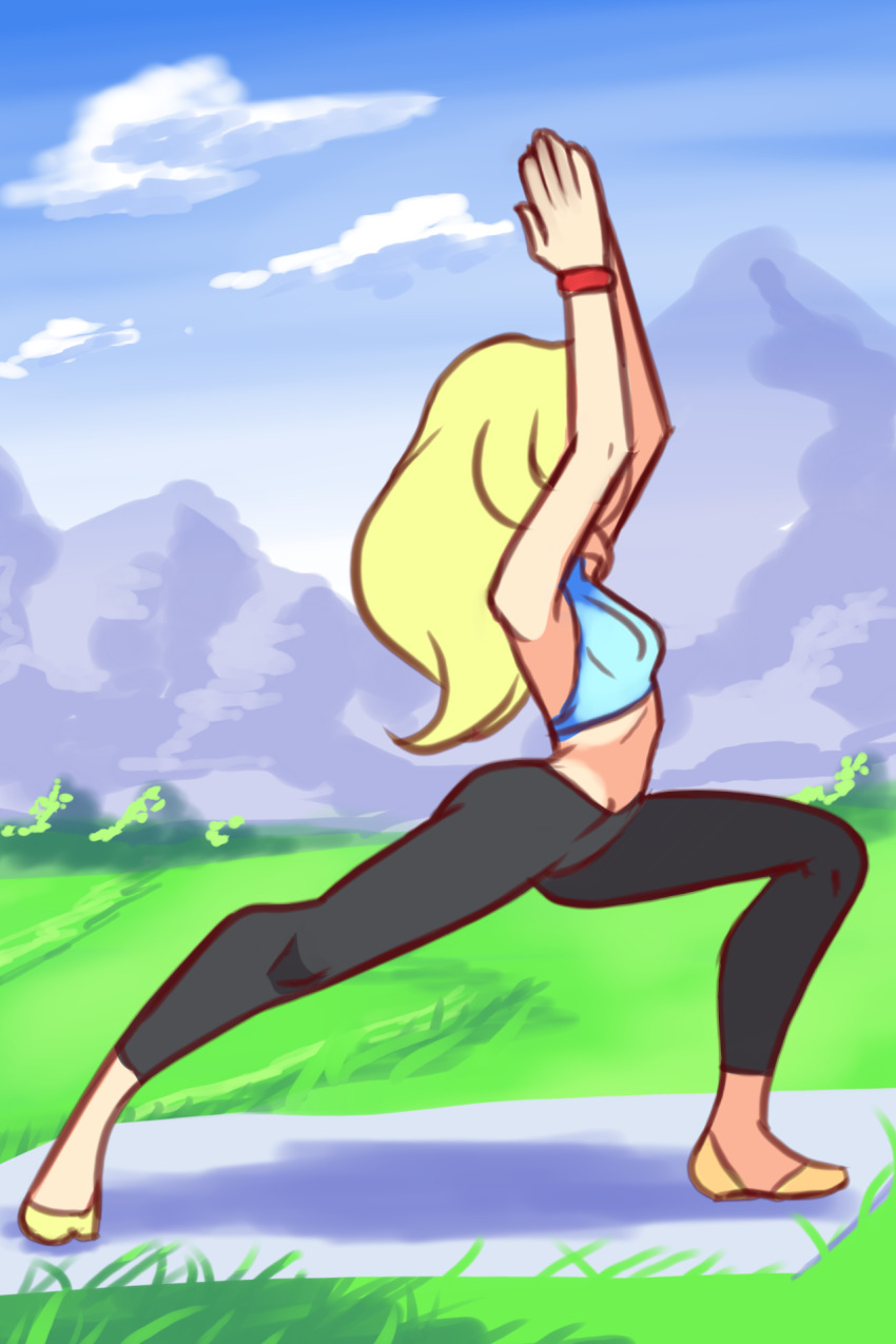 1girl black_pants blonde_hair blue_shirt breasts cloud drantyno grass halterneck highres long_hair midriff mountain pants polly_(ryuhi) shirt short_sleeves sky small_breasts standing wristband yellow_footwear yoga yoga_mat yoga_pants