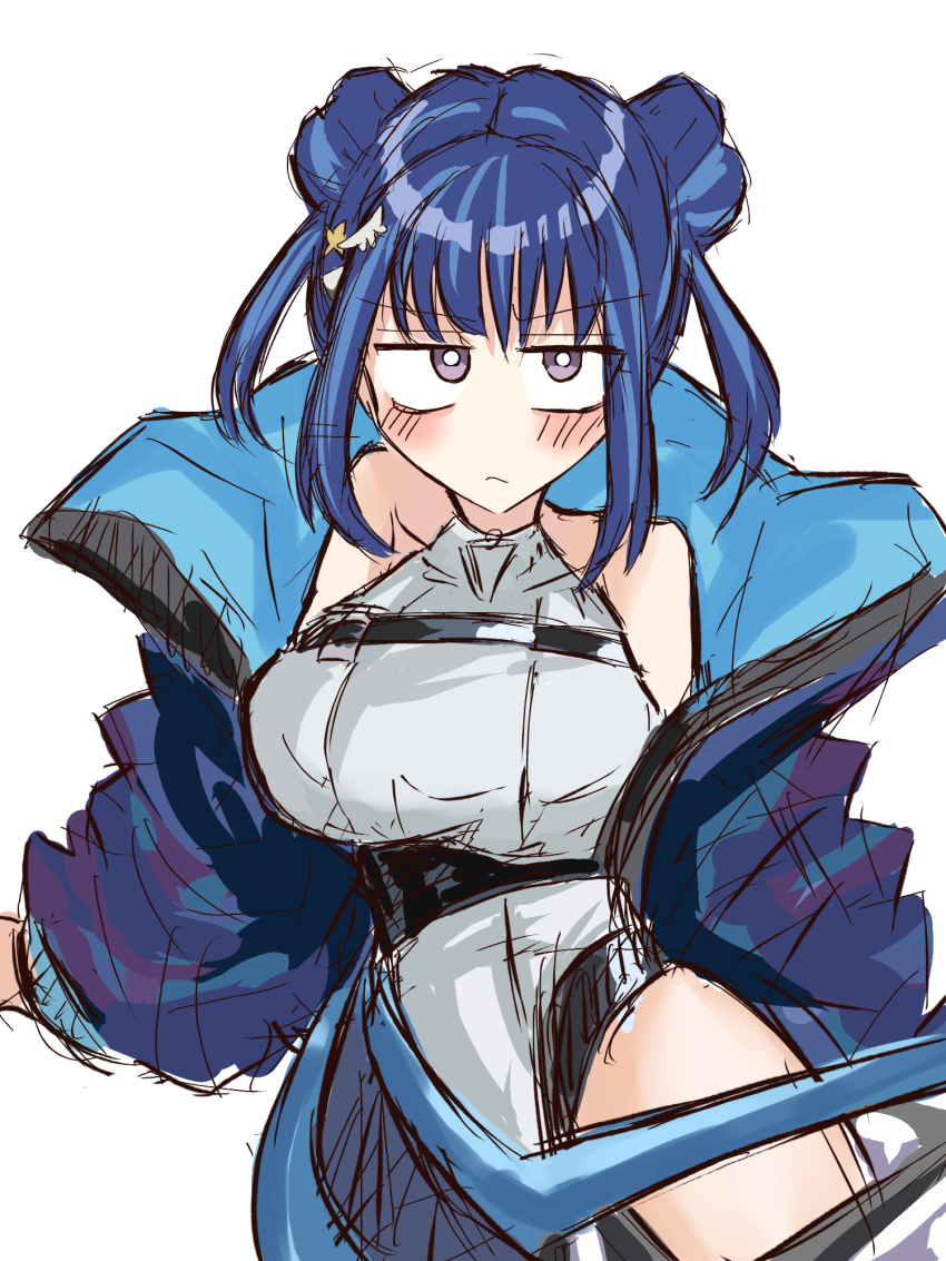 1girl blue_eyes blue_hair blush breasts chest_belt cropped_vest double_bun duel_monster evil_twin_lil-la gloves hair_bun highres irutann jacket large_breasts leotard lil-la_(yu-gi-oh!) looking_at_viewer short_hair vest white_leotard yu-gi-oh! yu-gi-oh!_master_duel