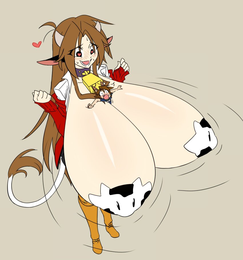 1boy 1girl animal_ears animal_print beige_background between_breasts black_eyes black_skirt black_thighhighs breast_expansion breasts brown_hair cleavage cow_ears cow_girl cow_horn cow_print cow_tail cowbell dog_boy from_above full_body gigantic_breasts graph_(graphiteknight) heart heart-shaped_pupils highres matt_(ego_trigger) mattie_(ego_trigger) mini_person miniboy no_pupils original pasties shiny_skin shirt size_difference skirt smile standing symbol-shaped_pupils tail thighhighs transformation w_arms white_shirt
