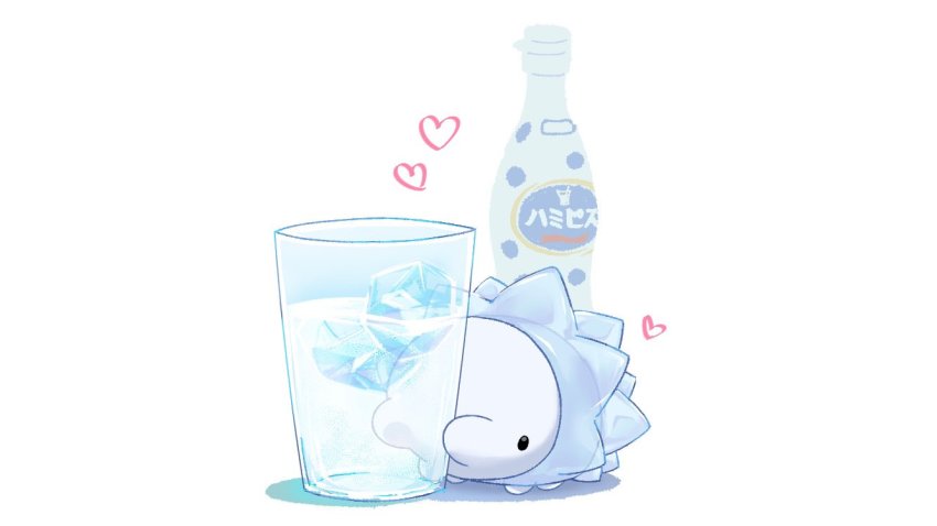 black_eyes bottle calpis commentary_request creature gen_8_pokemon glass heart ice ice_cube nibbling nintendo no_humans pokemon pokemon_(creature) punico_(punico_poke) simple_background snom solo water white_background